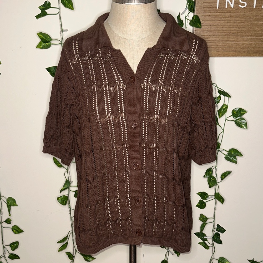 Worthington Brown See Through Button Up Collared Loose Fitting Button Up Shirt